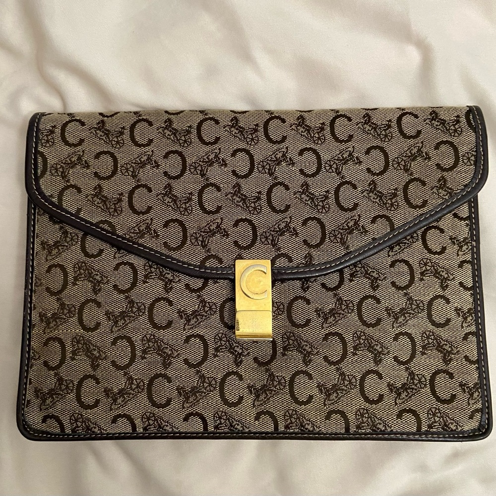 Authentic CELINE Brown Canvas and Leather Clutch